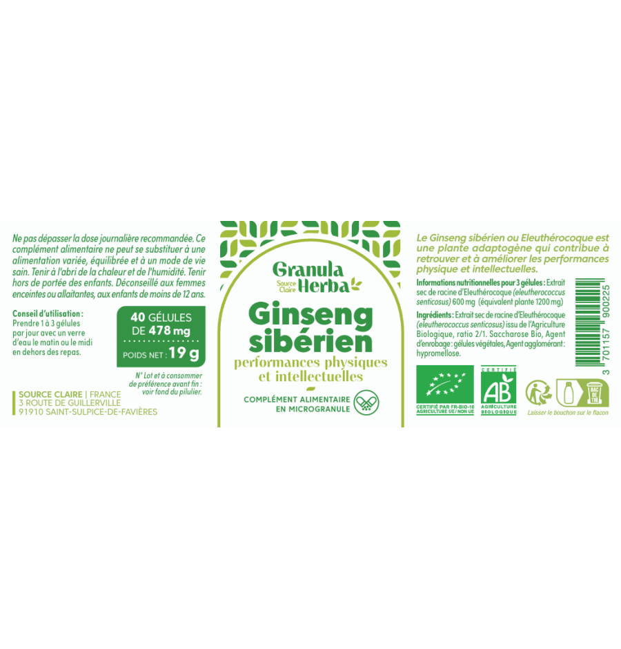 Ginseng Sibérien Bio Granula Herba 40 gélules Ginseng Sibérien Bio Granula Herba 40 gélules